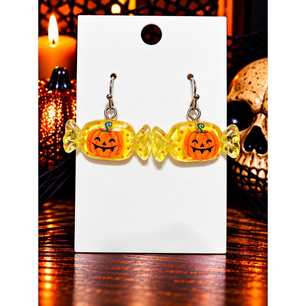 Handmade Pumpkin Candy Earrings Halloween Jack O Lantern Wrapped Candy
